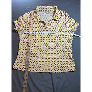 Kontrol Contemporary Women’s Polo XL Beige Brown Yellow Geometric Stretch Shirt